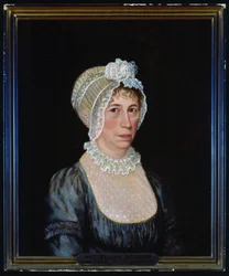 Halbporträt von Sarah Ward Brigham mit einem tief ausgeschnittenen Kleid mit Spitzendetails und einer Spitzenhaube